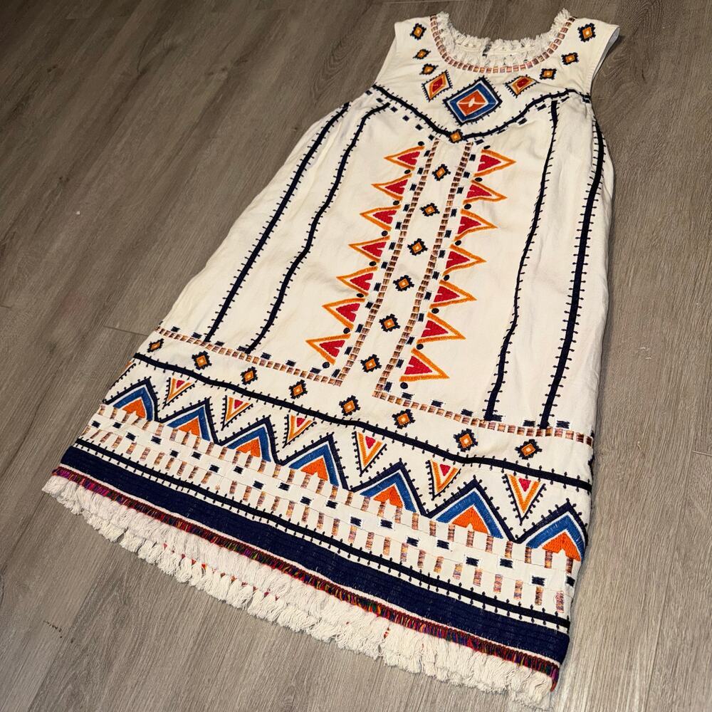 Anthropologie Akemi Kin Embroidered Fringe Shift Dress Boho Tribal 8P